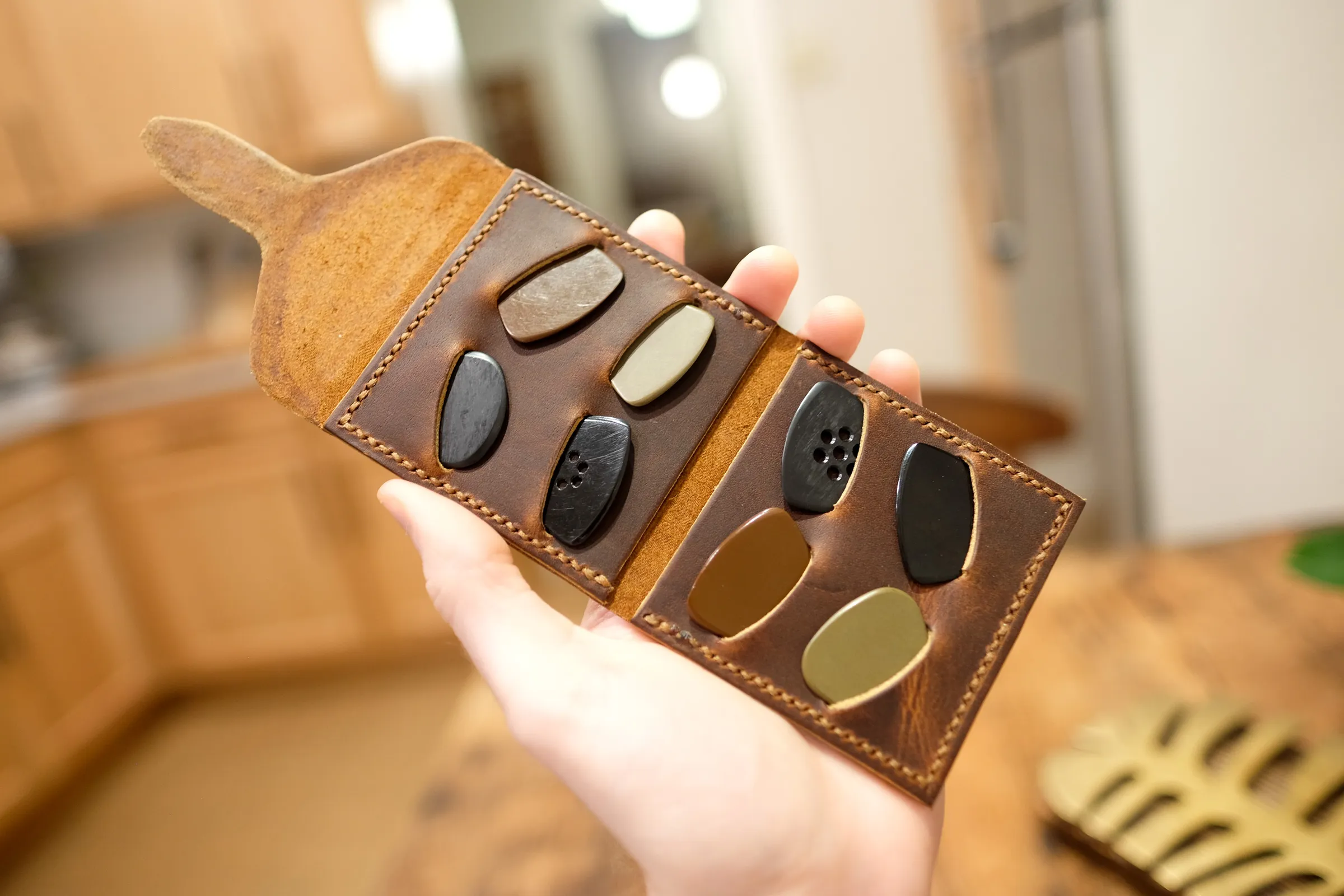 An open pick case held in one hand, its slots filled with picks