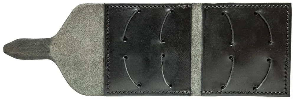 Open flat, eight pick slots in black leather, with a grey suede tongue and flesh side.