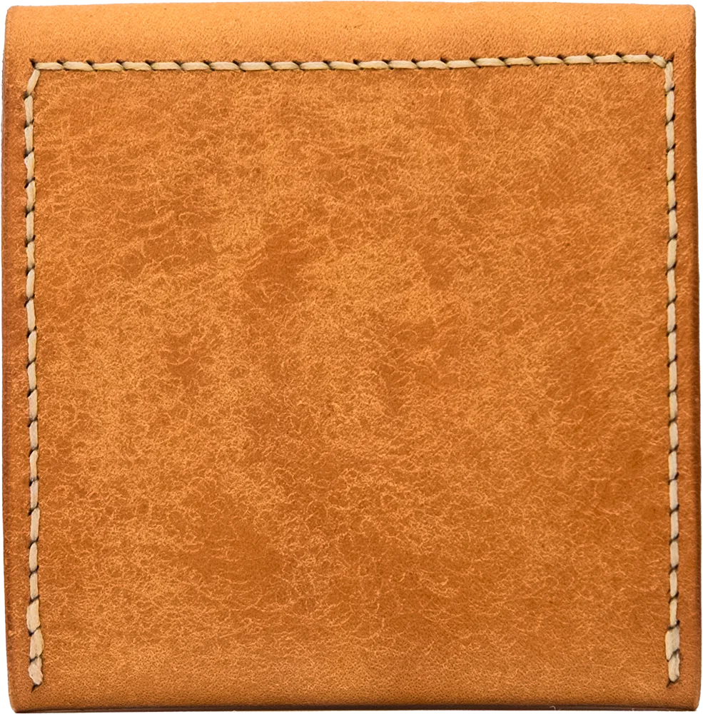 The back of the closed case, a single panel of crackled caramel leather framed by cream stitching.